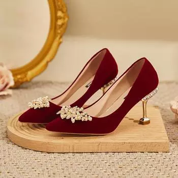 Xiuhe wedding dress two wear dress high heels rhinestone toast shoes Taoyao wedding shoes women s red suede bride shoes Chinese style 34