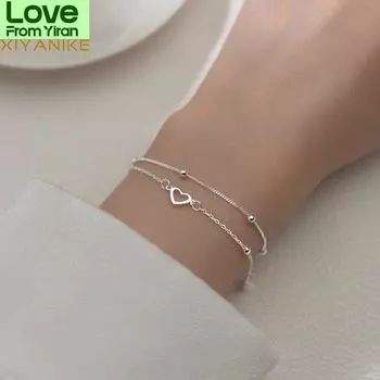 Xiyanike посеребренный двойной любовный браслет с круглыми бусинами в форме сердца женская мода романтические украшения классика регулируемый