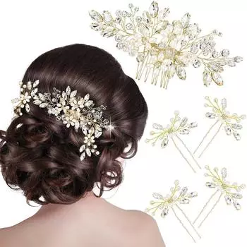 Xiyin, White Pearl Flower Diamond Handmade Pearl Hair Comb Side Comb Wedding Headgear золотой