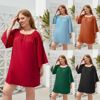 XL-4XL Большие женские платья Однотонные повседневные праздничные платья Платья для путешествий с круглым вырезом и рукавами-фонариками XL коричневый