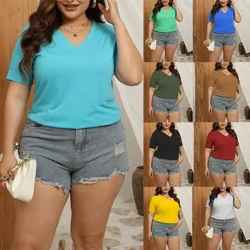(XL~5XL) Базовая простая однотонная женская футболка с v-образным вырезом и короткими рукавами, летняя футболка с разрезом по подолу, летняя повседневная дышащая легкая мягкая удобная пуловер-топ XL