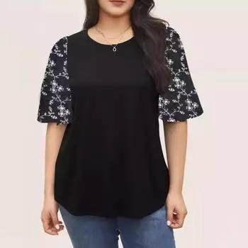 (XL-5XL)~ с круглым вырезом, базовая женская футболка с коротким рукавом, летняя свободная повседневная футболка с коротким рукавом и принтом в стиле пэчворк, дышащая легкая футболка для работы, отдыха, плюс топ XL чёрный