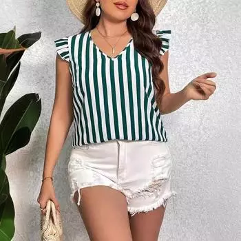 XL-5XL~V-образный вырез, полосатый принт, короткий рукав для женщин, летняя свободная футболка без рукавов с рюшами, повседневная дышащая легкая футболка для работы и отдыха плюс топ XL зелёный