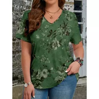 XL-7XL Большие размеры Футболки с принтом Plant Positioning Женский топ с V-образным вырезом и короткими рукавами больших размеров XL