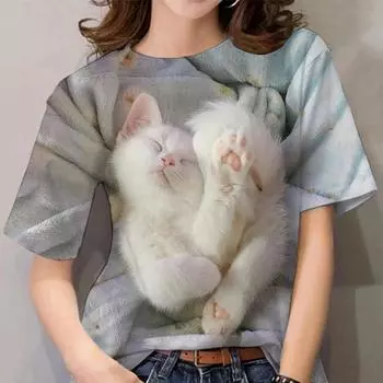 XL-7XL Большие размеры Летняя женская футболка с принтом котенка с короткими рукавами и круглым вырезом Базовая рубашка 5XL