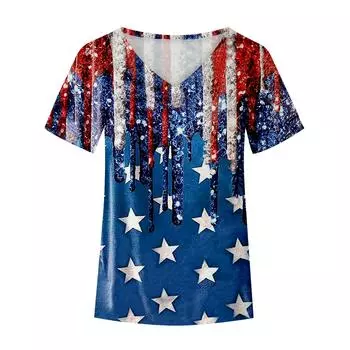 XL-7XL Большие размеры Тематическая серия День независимости Футболки с 3D-принтом Женская футболка с короткими рукавами и V-образным вырезом 6XL