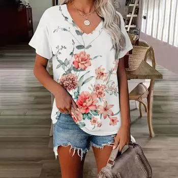 XL-7XL футболка больших размеров женские топы с v-образным вырезом и короткими рукавами летние футболки для влюбленных пар повседневные футболки с 3D цветочным принтом XL