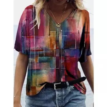 XL-7XL Плюс Размер Цвет Блокинг Цифровой 3D Печатный Короткий Рукав Футболка Для Женщин Модный 3D Пуловер Топ С V-образным Вырезом 7XL