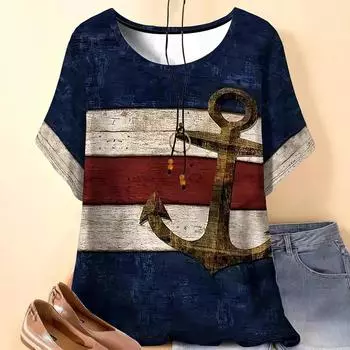 XL-7XL Плюс Размер Короткие Рукава Круглый Вырез Футболка Для Женщин Топы 3D Печать С Якорем Рисунок Футболки XL