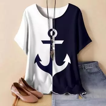 XL-7XL Плюс Размер Короткие Рукава Круглый Вырез Футболка Для Женщин Топы 3D Печать С Якорем Рисунок Футболки XL