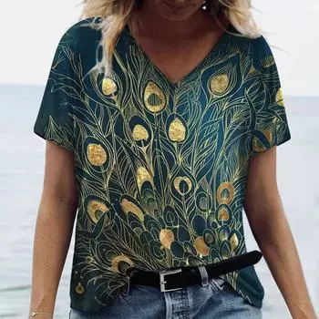 XL-7XL плюс размер, повседневная футболка с v-образным вырезом и коротким рукавом, модная негабаритная женская футболка с 3D принтом перьев, летние свободные топы XL