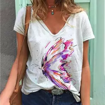 XL-7XL плюс размер, повседневный топ с бабочкой и v-образным вырезом, с коротким рукавом, модная женская футболка большого размера с цветочным принтом, летние свободные топы с 3D принтом XL