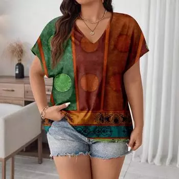 XL-7XL Плюс Размер V-образный вырез Плюс Размер Женская футболка с короткими рукавами и геометрическим узором в виде сердца Футболки Топы XL