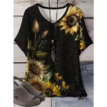 XL-7XL Плюс Размер Женская Свободная Повседневная Футболка с V-образным вырезом и короткими рукавами, украшенная принтом рождественской елки XL