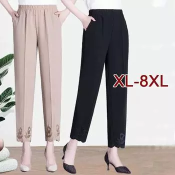 XL-8XL летние девятые брюки повседневные тонкие брюки для пожилых людей с вышивкой и высокой талией, прямые женские шифоновые брюки из ледяного шелка 5XL
