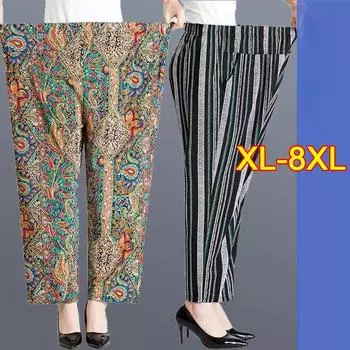 XL-8XL женские брюки летние брюки для пожилых людей свободные девятые брюки прямые брюки мамины брюки с цветочным принтом брюки для толстой бабушки XL