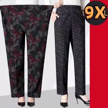XL-9XL повседневные брюки оверсайз, женские длинные свободные брюки, брюки с высокой талией, весенне-осенние брюки, брюки с цветочным принтом, женские эластичные брюки 5XL