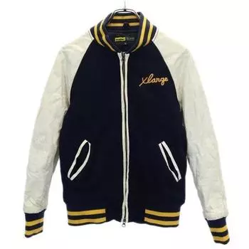 XLARGE шерстяная куртка-стадион темно-синяя с рукавами из овчины мужская б/у