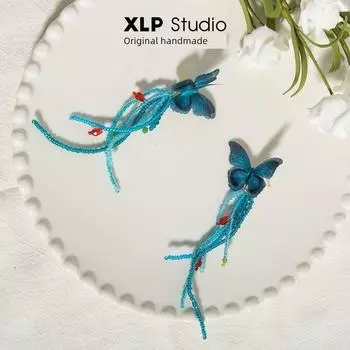 XLP Studio Blue Long Fringe Earrings Spring Fairy Butterfly Stud Earrings Niche Style Unique Silver Needle Beaded Earrings Butterfly earrings A pair