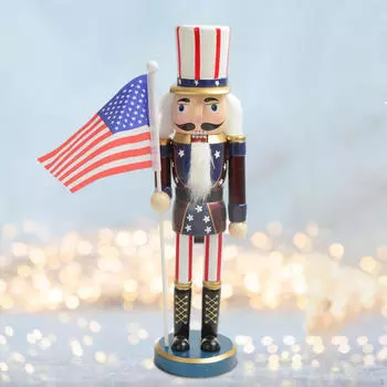 Xmas Wooden Nutcracker Soldier Figure with USA Flag Stable Base Lightweight Fine