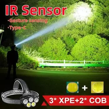 XPE+COB Smart Induction Headlight Rechargeable Waterproof Headlamp Adjustable Head Light Outdoor Fishing Camping Lantern чёрный