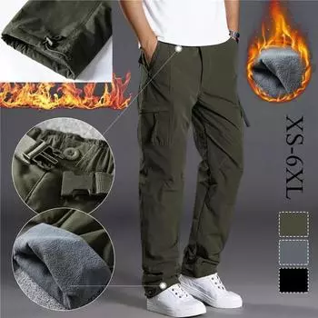 XS-6XL мужские ветрозащитные и водонепроницаемые брюки для активного отдыха из бархата Soft Shell прямые зимние повседневные брюки с сумкой-инструментом 2XL чёрный
