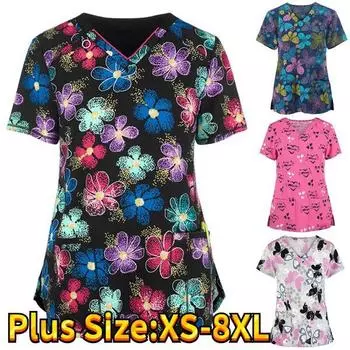 XS-8XL скрабы размера плюс, женская футболка с коротким рукавом, рабочая униформа с v-образным вырезом, топы, забавные милые униформы с принтом животных, униформа с рукавами для домашних животных S белый