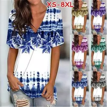 XS-8XL женская летняя цветочная тематическая 3D печатная футболка с рисунком Цветочный 3D принт V-образный вырез Базовые топы Модная рубашка S