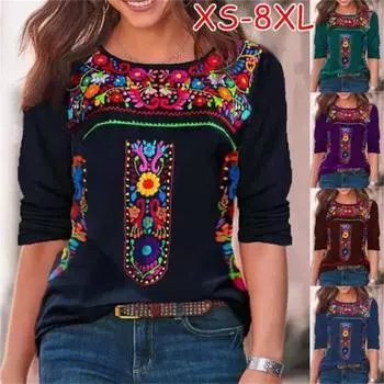 XS-8XL Женская осенне-зимняя одежда Топы с длинными рукавами Женские ретро богемные блузки с принтом Свободные футболки Хлопковые рубашки S