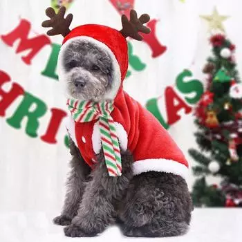 XS-XXL Cute Cartoon Elk Pet Costume Christmas Reindeer Cosplay Outfit Soft Warm Coral Velvet Fleece Pet Jumpsuit Winter Coats XS красный