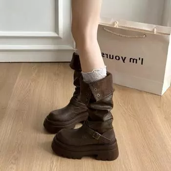 [Xu Jiaqi] Autumn and winter thick-soled thick-heeled pleated medium-high elastic stacking boots women s boots 40