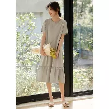 Xwi Xin Not Elegant Intellectual Patchwork Woven Dress Women Summer Cotton Commuter Simple round Neck Sweater Dress Rice Gray S