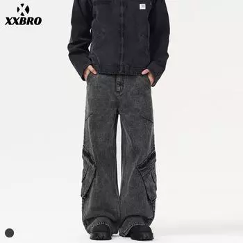 XXBRO Мужские джинсы с широкими штанинами в стиле ретро с вышивкой Wasteland XL серый/чёрный