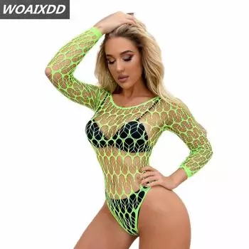 XXL New Green Fishnet Bodysuit Sexy Lingerie Femme Long Sleeves Mujer Lenceria Jumpsuit Hollow Out Porno Suit Women Underwear XXS