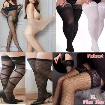 XXL сексуальные тонкие прозрачные чулки плюс размер кружевных чулок A1-Black