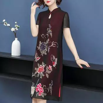XXL-XXXXXL, большие размеры, летнее шифоновое платье Cheongsam в китайском стиле, юбка выше колена с принтом длиной до колена XXXXXL чёрный