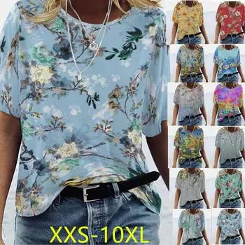 XXS-10XL плюс размер женский летний цветочный принт с круглым вырезом повседневный свободный топ с короткими рукавами 3XL бежевый