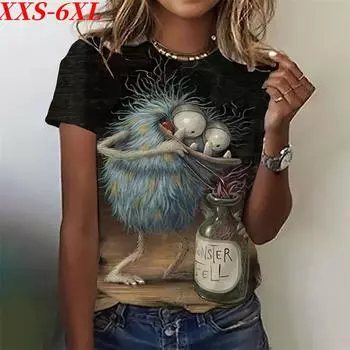 XXS-6XL Большие размеры Женская футболка Cattoon Графический принт Повседневный круглый вырез Короткие рукава Топы Футболки Женские футболки Одежда XXS