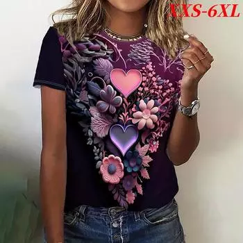 XXS-6XL Большие размеры Женские футболки Модные 3D Цветочные Принты Футболки Повседневные Футболки Летняя Одежда Женские Топы Свободный Пуловер XXS