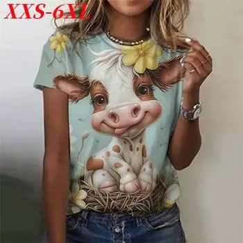 XXS-6XL Футболка размера плюс для женщин Футболки с 3D-принтом животных Летняя мода Уличная одежда с коротким рукавом и круглым вырезом Топы XXS