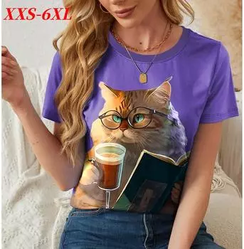 XXS-6XL Футболка размера плюс женская забавная кошка 3D принты футболки футболки с коротким рукавом топы летняя повседневная женская одежда XXS