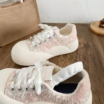 XY-A266 latex insole/small fragrant wind thick baseplate shoes women s bread shoes 2025 new round head pink casual shoes 35 розовый