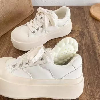XY-A383 latex insole/thick sole heightening little white shoes women s shoes 2025 spring new leather board shoes bread shoes 35 бежевый