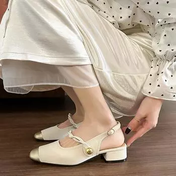 Y081-2 Temperament color matching 2025 summer bag head thick heel sandals light mouth retro versatile French square head single shoes women 35 чёрный