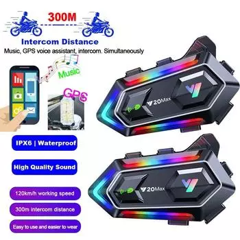 Y20 MAX мотоциклетный шлем Bluetooth гарнитура интерком с микшированием V5.3 IPX6 водонепроницаемый RGB красочный световой эффект 1000mAh аккумулятор