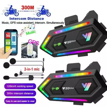 Y20 MAX мотоциклетный шлем Bluetooth гарнитура интерком с микшированием V5.3 IPX6 водонепроницаемый RGB красочный световой эффект 1000mAh аккумулятор