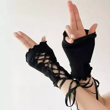 Y2g Lace Gloves with Lace Lolita Japan fashion Girl Ins Concealer Oversleeve Women Harajuku Style Short Open Finger Recommend Pack [Cool Black Two Pair]] All yards