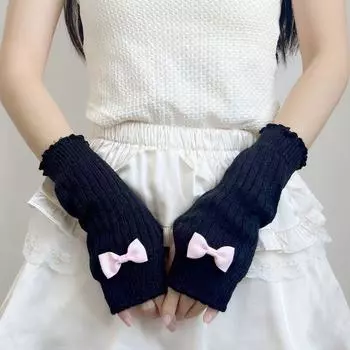 Y2g Sexy Oversleeves Retro Twist Fall and Winter Bows Japanese Style Knitting Oversleeve Arm Sleeve Fashionable All-Match Gloves Black All yards