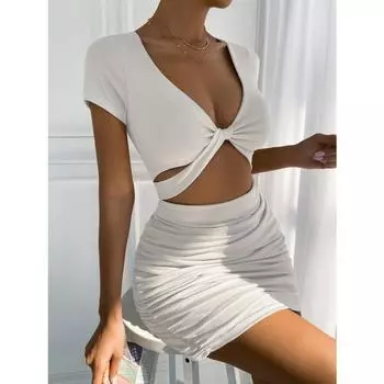 Y2k2024 Летнее новое сексуальное платье с короткими рукавами и V-образным вырезом, открытой талией и запахом на бедрах XXL чёрный