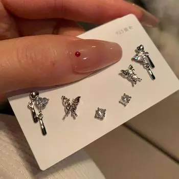 Y2K 6 шт./компл. серебряные серьги-гвоздики в форме бабочки со стразами для женщин, модные наборы сережек в форме сердца в стиле панк 2023, модные ювелирные подарки
